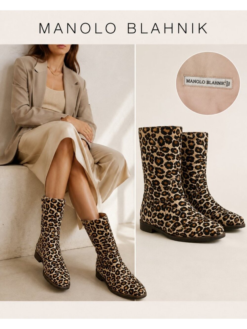 Manolo Blahnik Leopard Calf Hair Mid-Calf Boots EU 39/US8.5 Vibram Sole